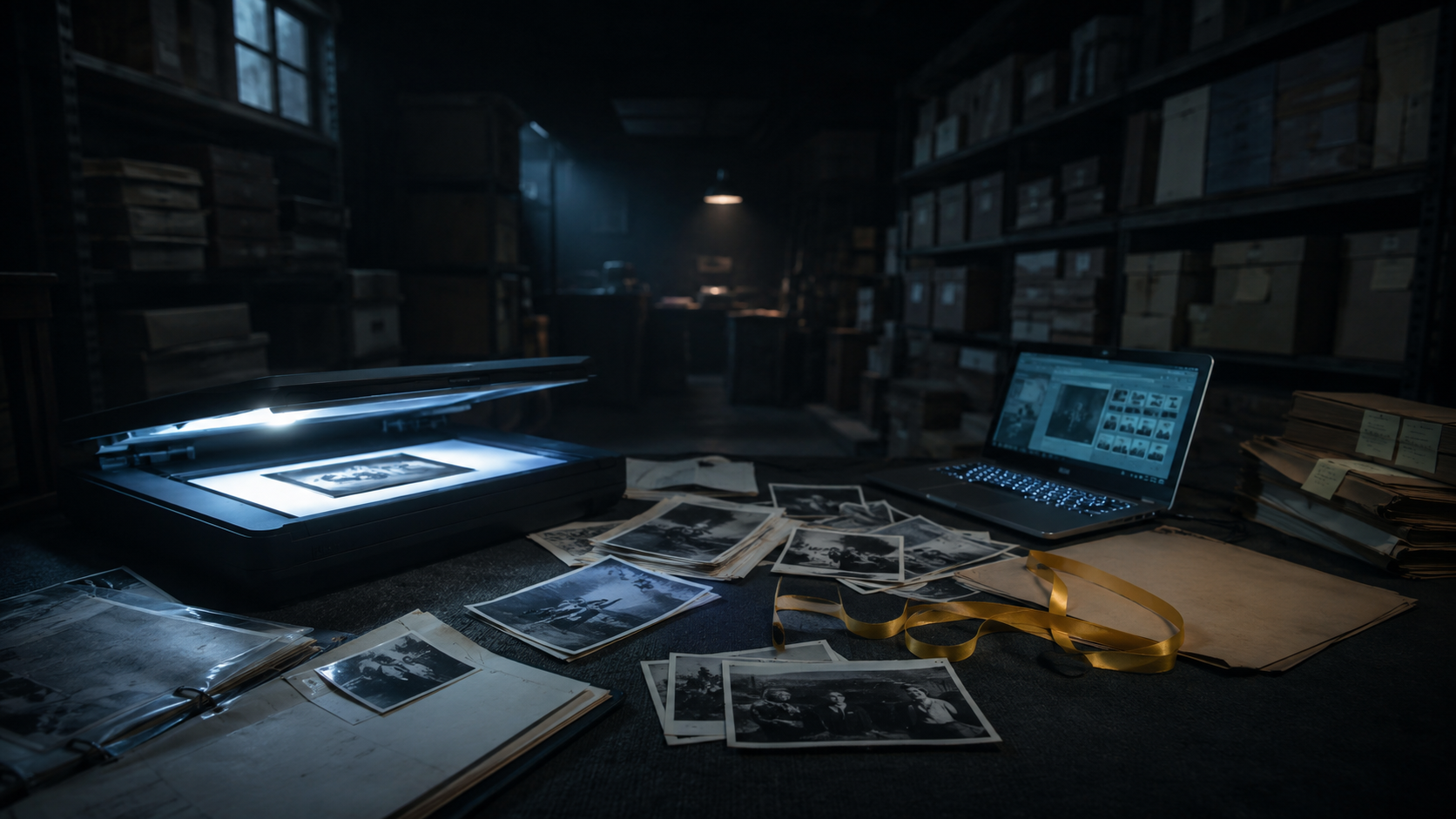 A scanner table covered with photographs and case materials.